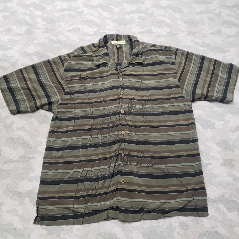 Tommy Bahama Shirt Mens Large Green Silk Short Sleeve Button-Up Loop Collar